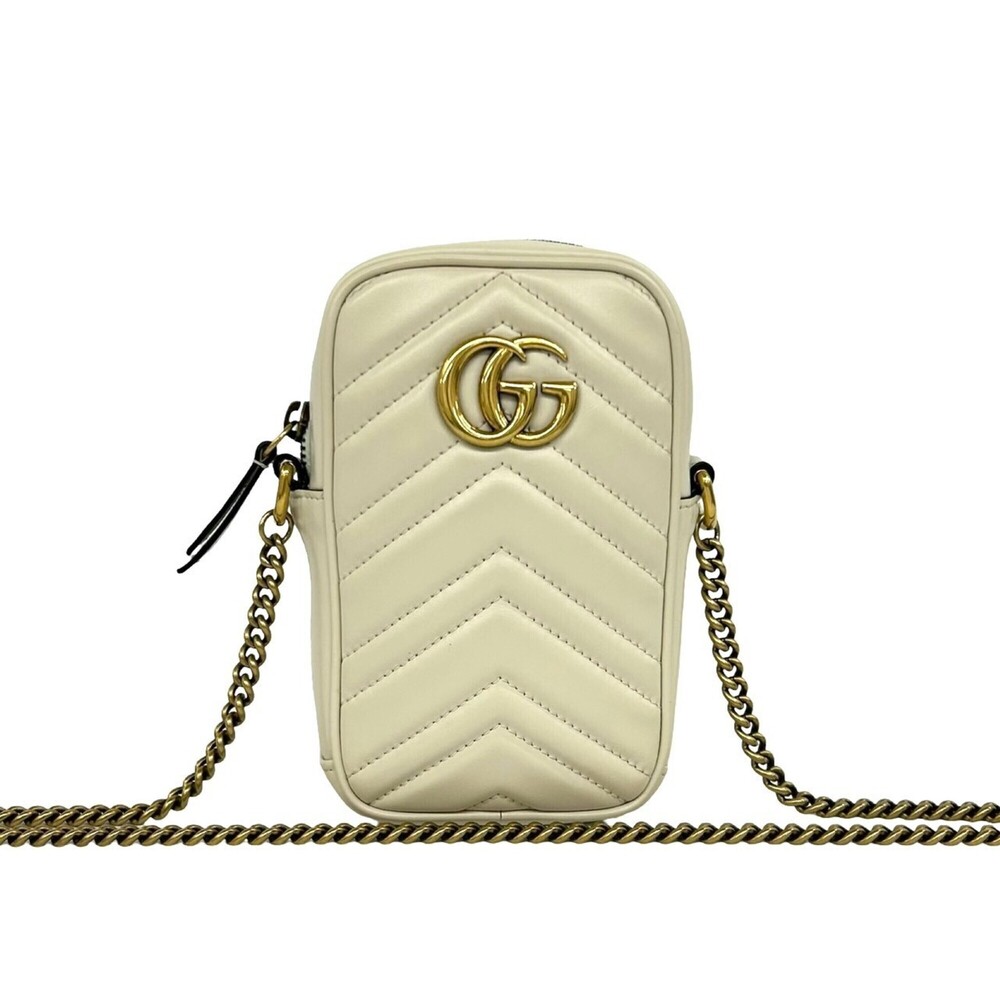 GUCCI GG Marmont Logo Leather Chain Mini Shoulder Bag/Pouch, Ivory, 70533